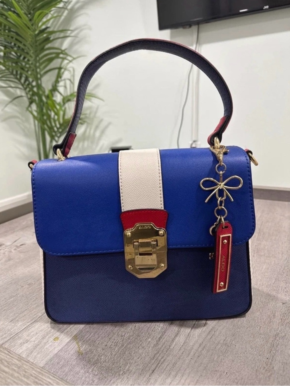 Aldo Blue Tricolor Top-Handle Satchel with Bow Charm